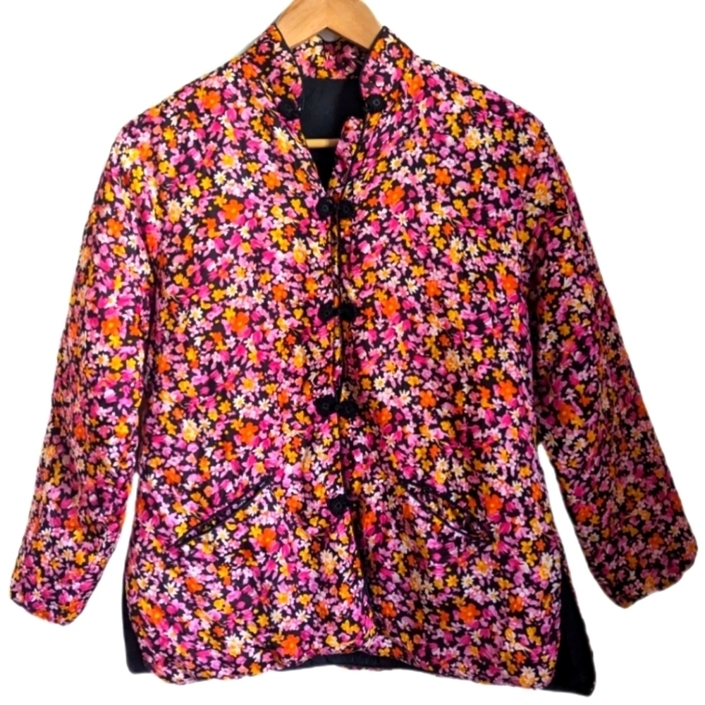 VINTAGE Handmade Mandarin Collar Pink & Yellow Micro floral Padded Vest Medium